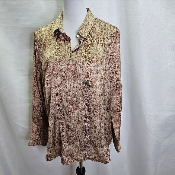 A New Day Brown Snakeskin Silky Button Front Blouse Size Large - Picture 3 of 11
